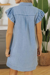 Smocked Collared Neck Cap Sleeve Denim Dress 