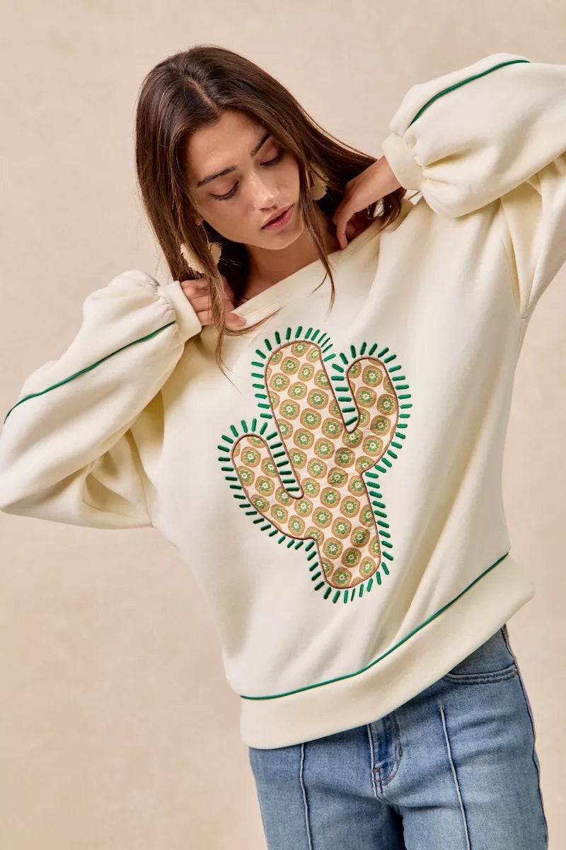 BiBi Cactus Embroidered Fleece Sweatshirt 