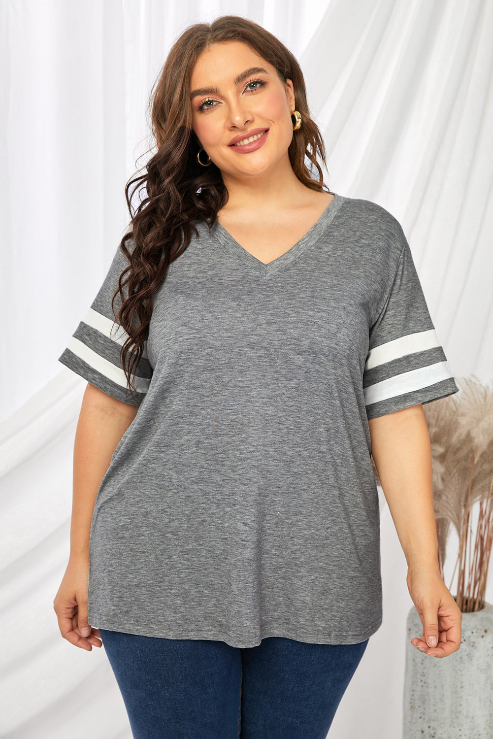 Plus Size Striped V-Neck Tee Shirt 