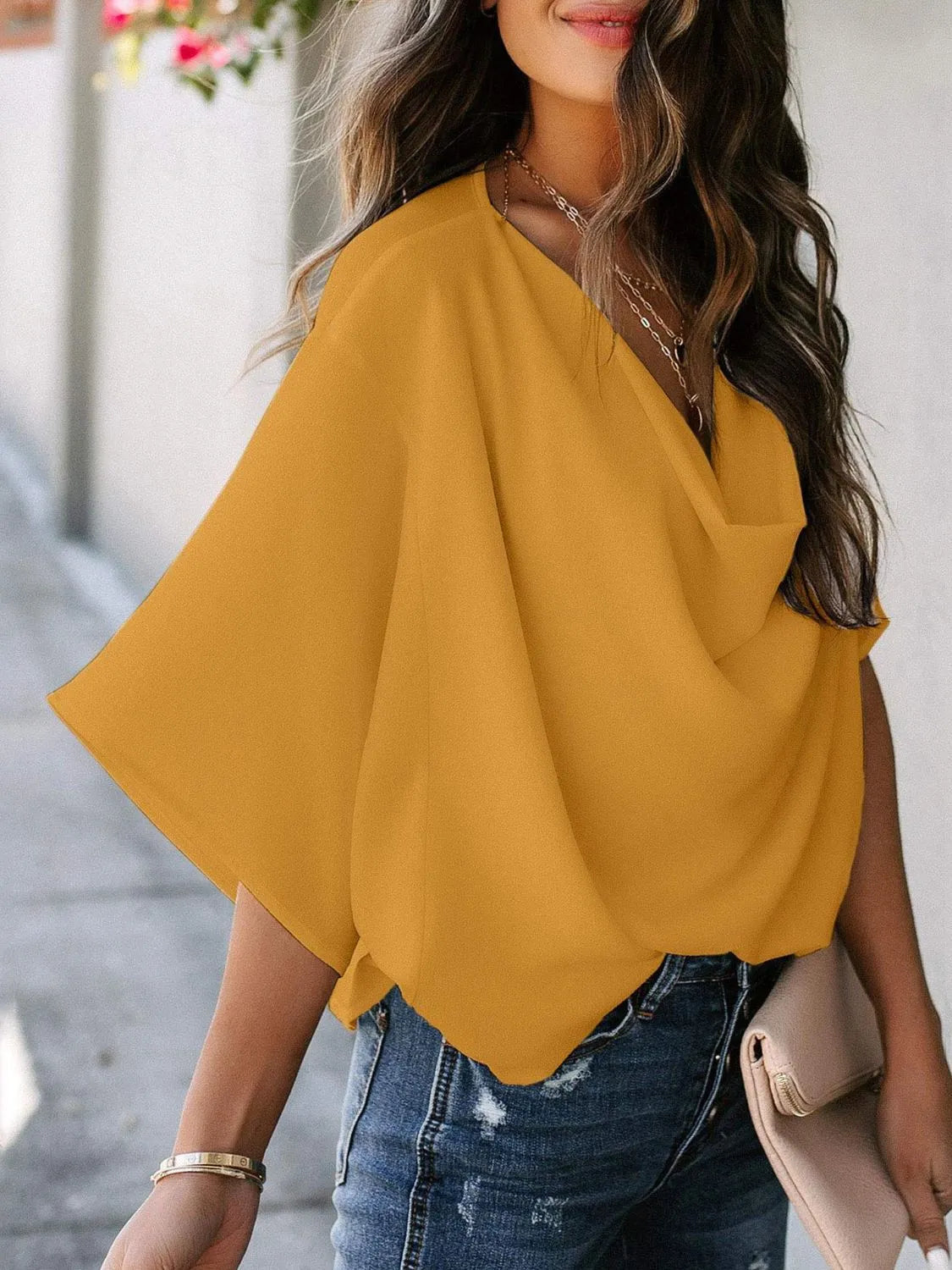 Full Size Ruched Three-Quarter Sleeve Blouse Plus Size 