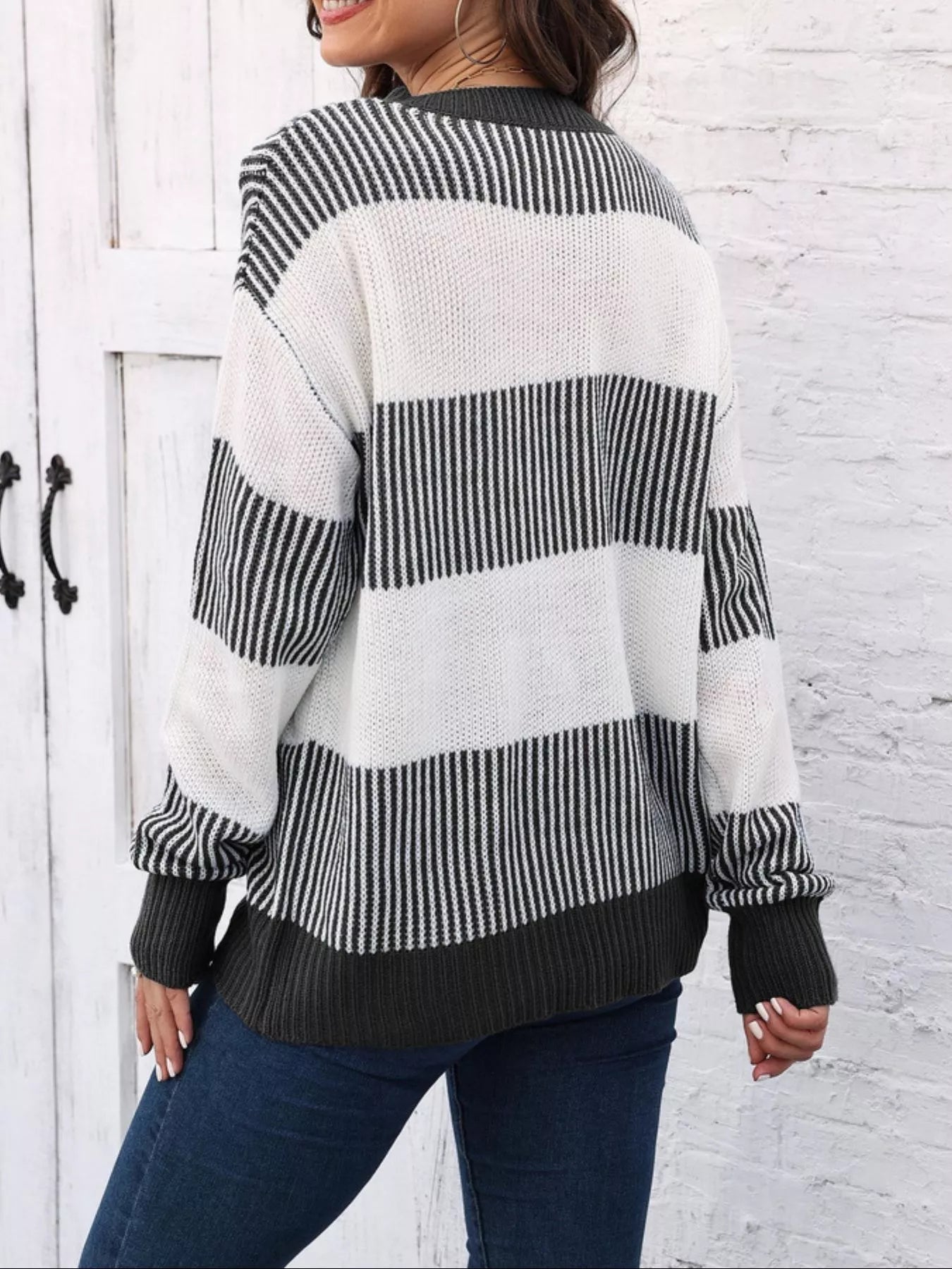 Full Size Color Block Dropped Shoulder Sweater Plus Size 