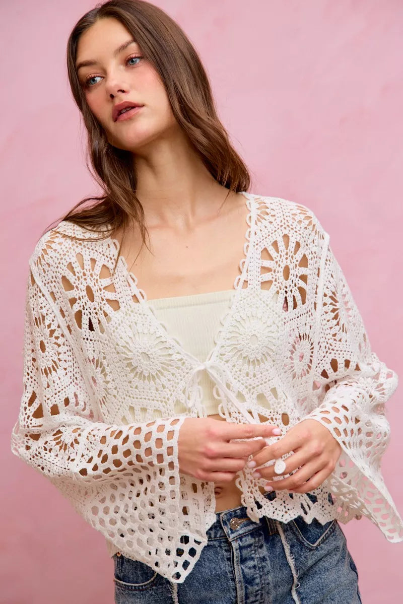 SO ME Floral Pattern Crochet Knit Tie Front Crop Cardigan 