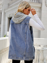 Drawstring Hooded Sleeveless Denim Top with Pockets 