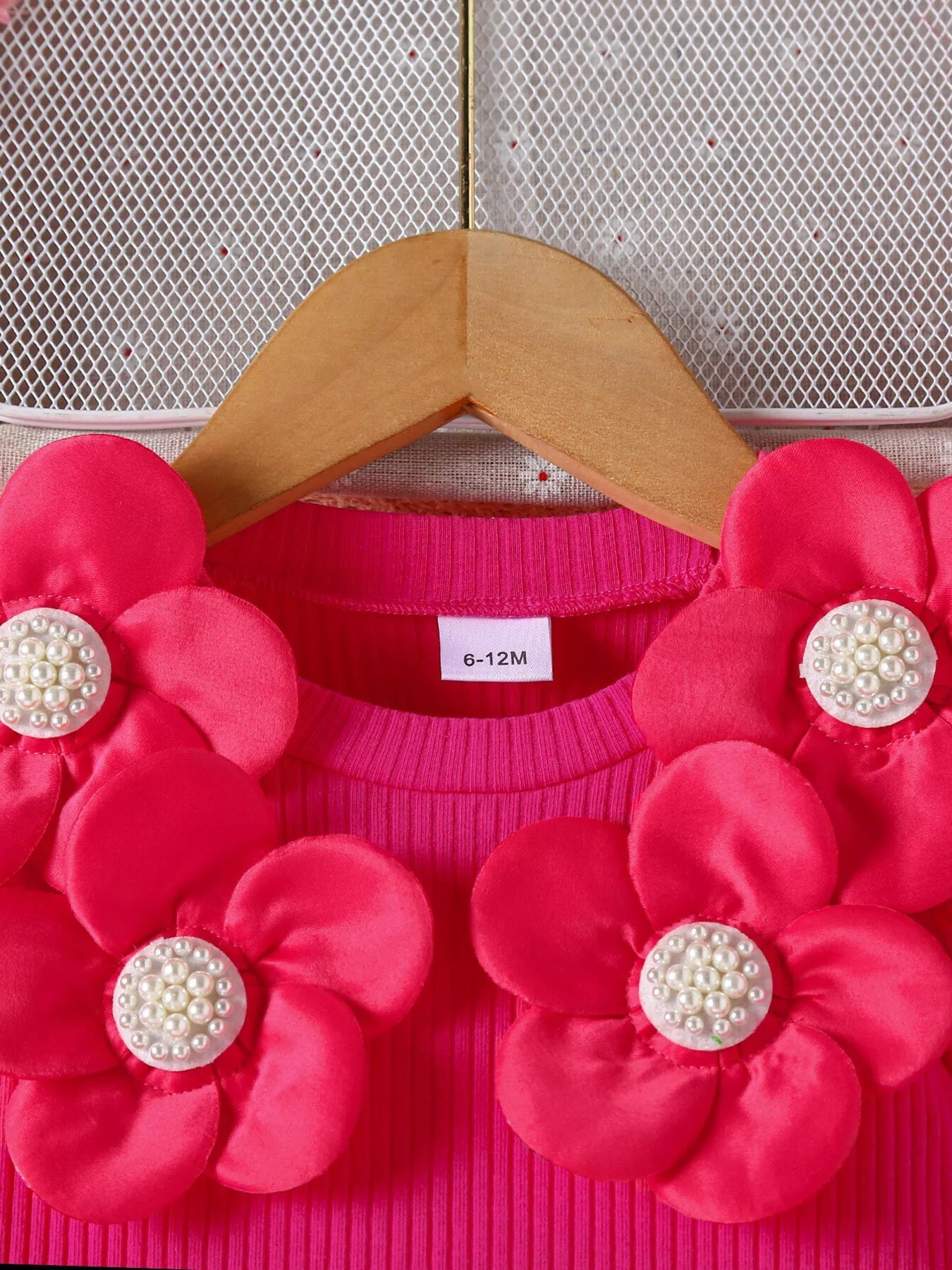 Children's Floral Applique Ribbed Top & Button Decor Skirt Set 