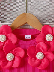 Children's Floral Applique Ribbed Top & Button Decor Skirt Set 