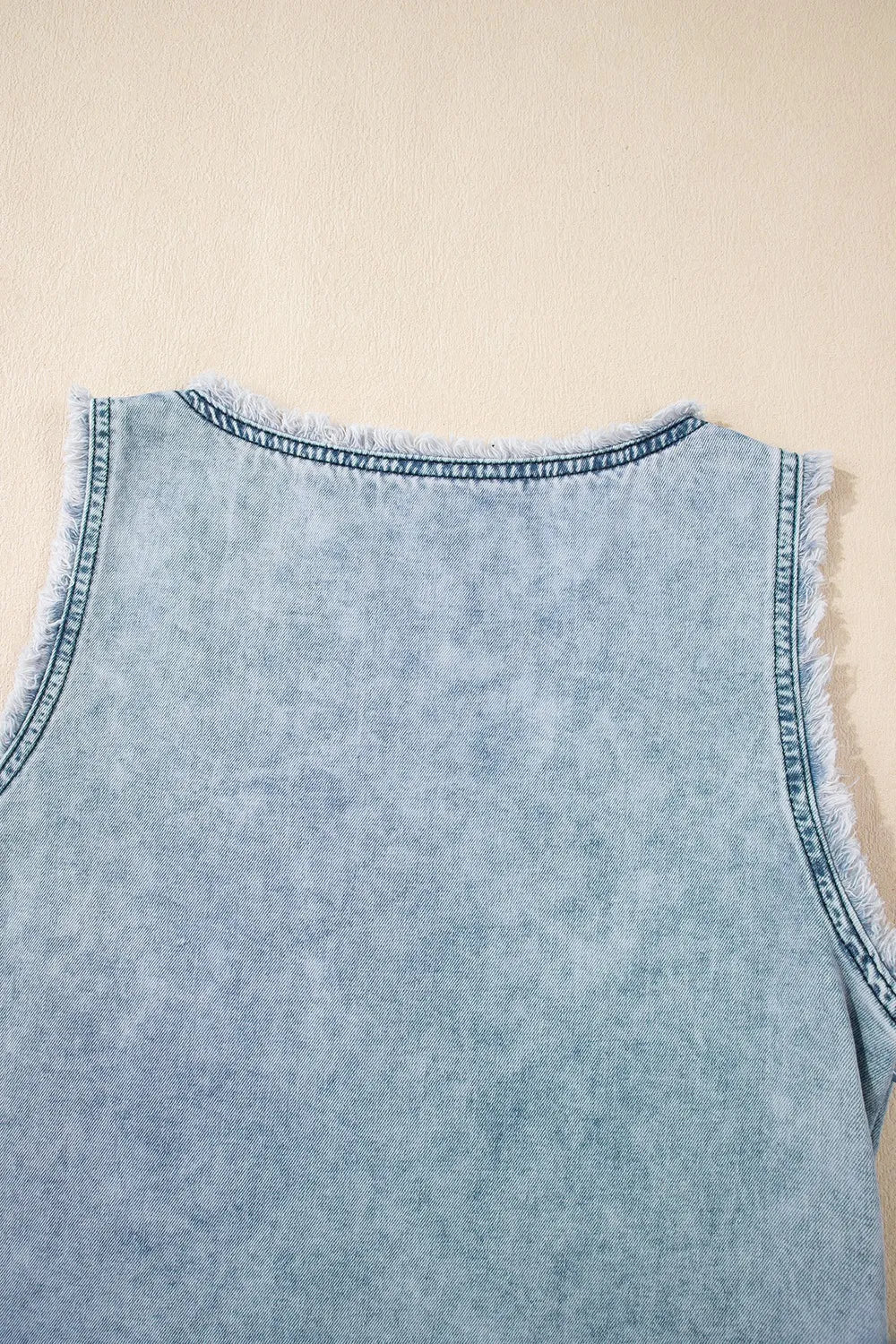 Mineral Wash Denim Frayed U Neck Sleeveless Top 