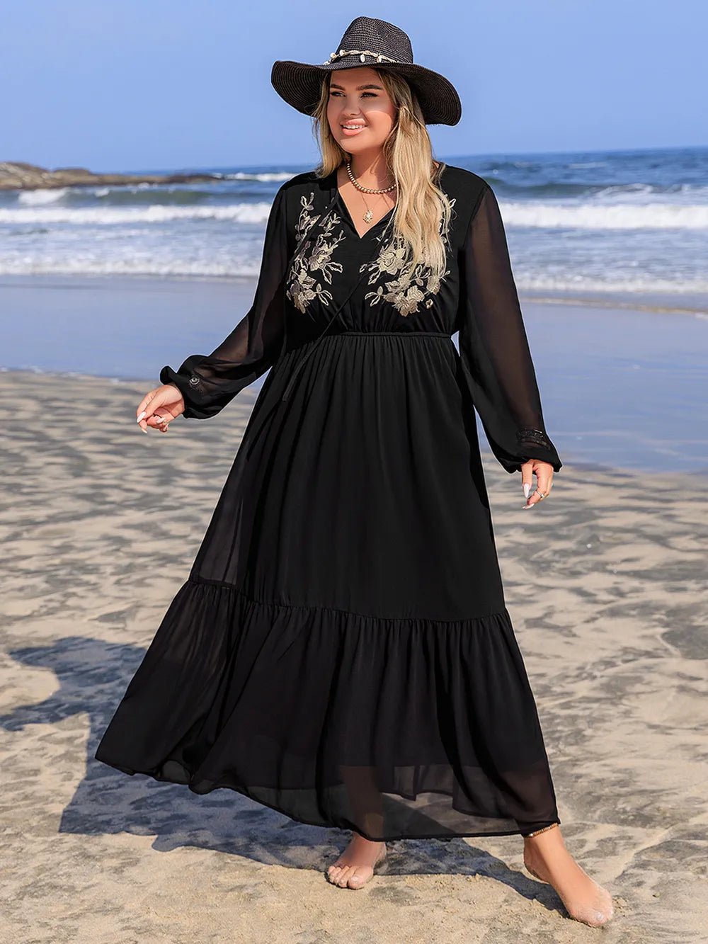 Plus Size Embroidered Tie Neck Long Sleeve Dress 