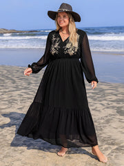 Plus Size Embroidered Tie Neck Long Sleeve Dress 