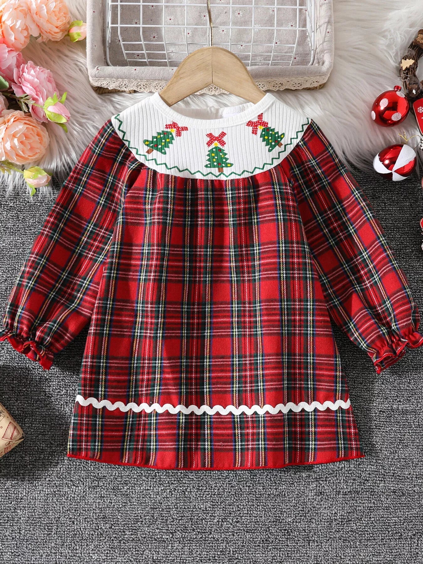 Children's Christmas Plaid Long Sleeve Dress 