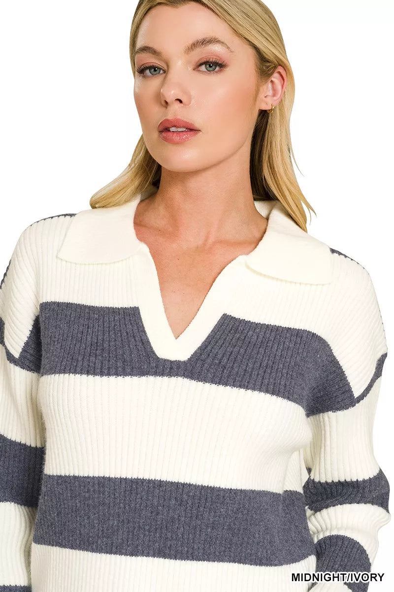 Zenana Striped Collared Sweater 