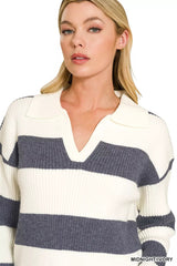Zenana Striped Collared Sweater 