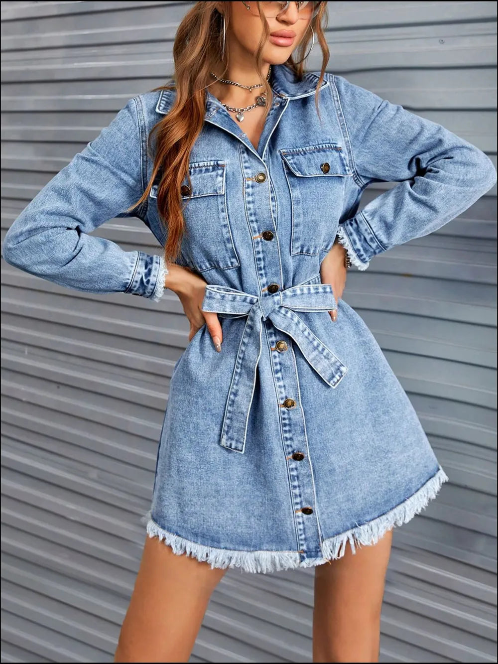 Raw Hem Collared Neck Long Sleeve Denim Dress 