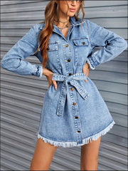 Raw Hem Collared Neck Long Sleeve Denim Dress 