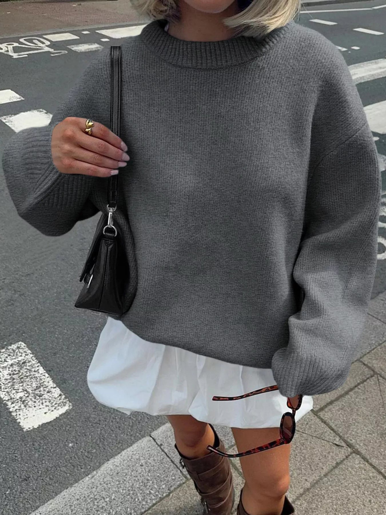Ribbed Round Neck Dropped Shoulder Sweater 