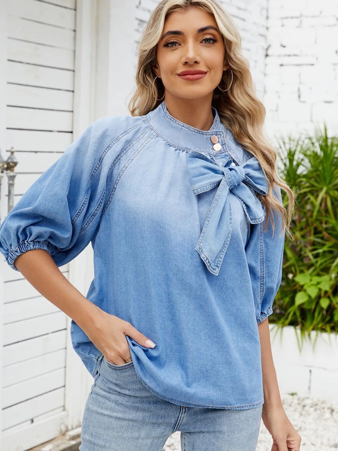 Denim Bow Tie Puff Sleeve Top 