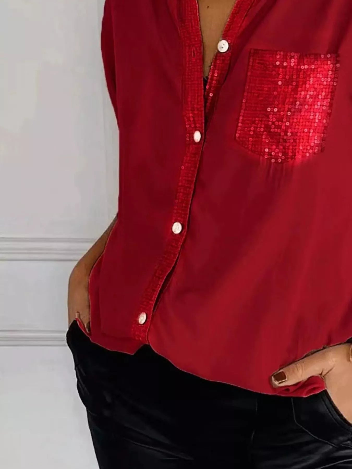 Full Size Sequin Detail Button-Down Shirt Plus Size 