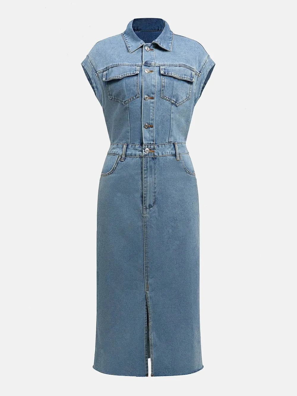 Slit Half Button Collared Neck Cap Sleeve Denim Dress 