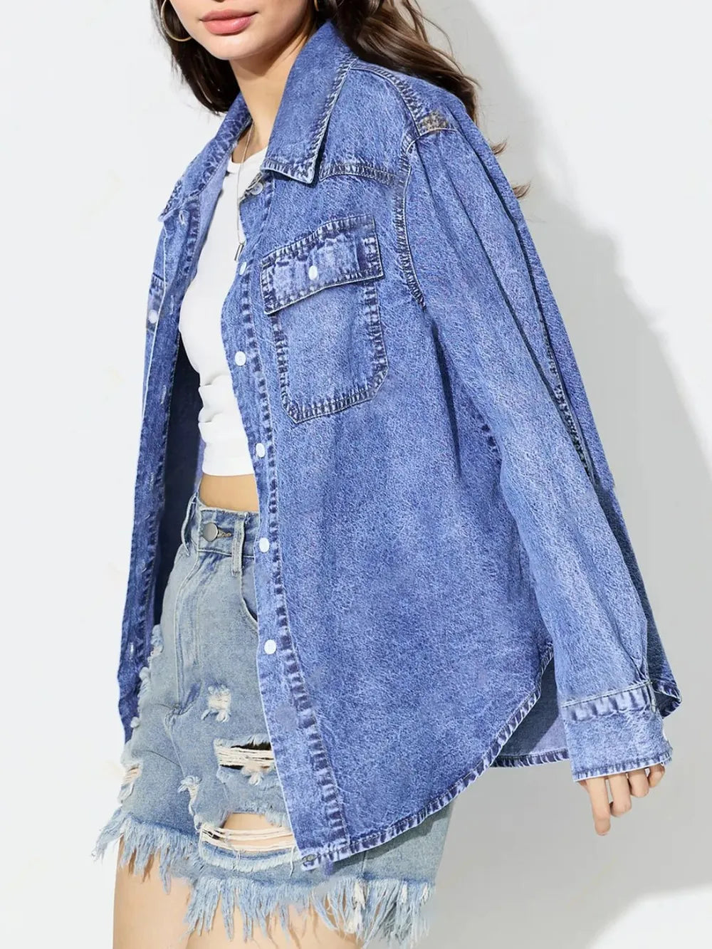 Curved Hem Collared Neck Denim Top 