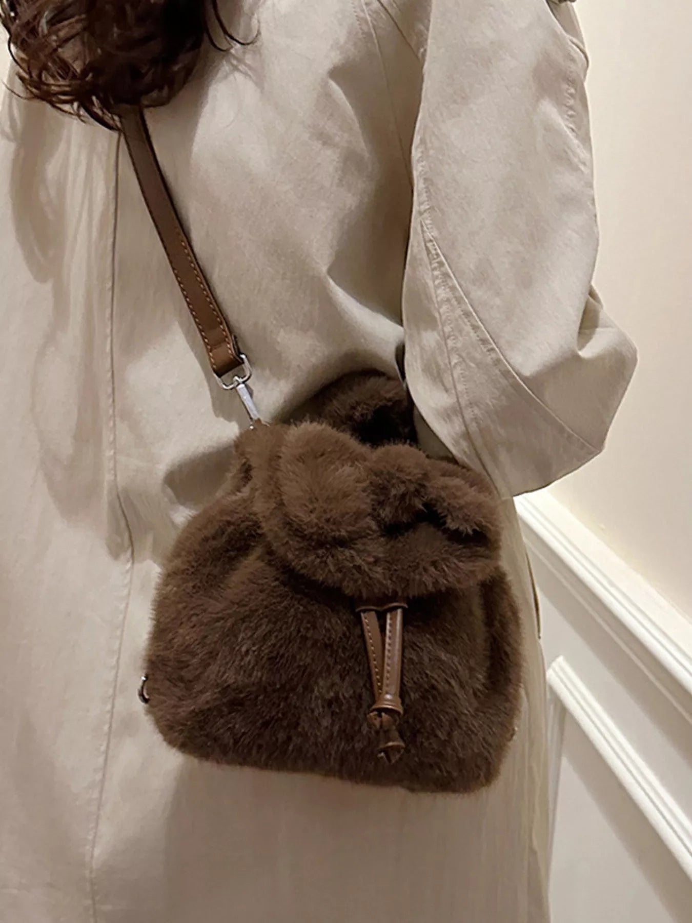Fuzzy Plush Drawstring Backpack Bag 