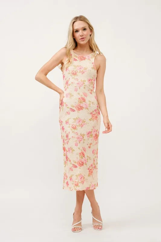 And The Why Floral Fishnet Bodycon Midi Dress 