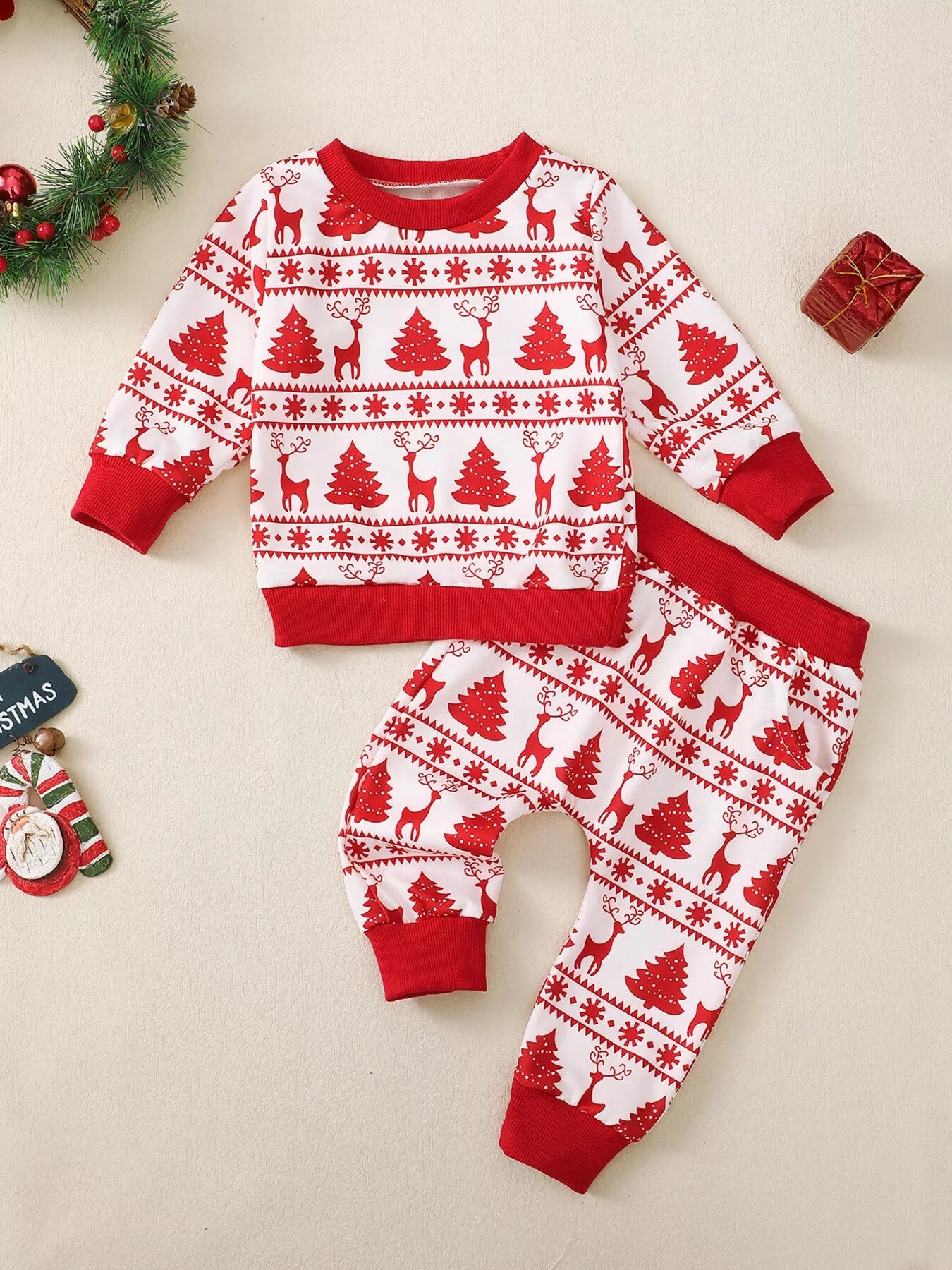 Children's Christmas Reindeer & Tree Print Top and Pants Set 