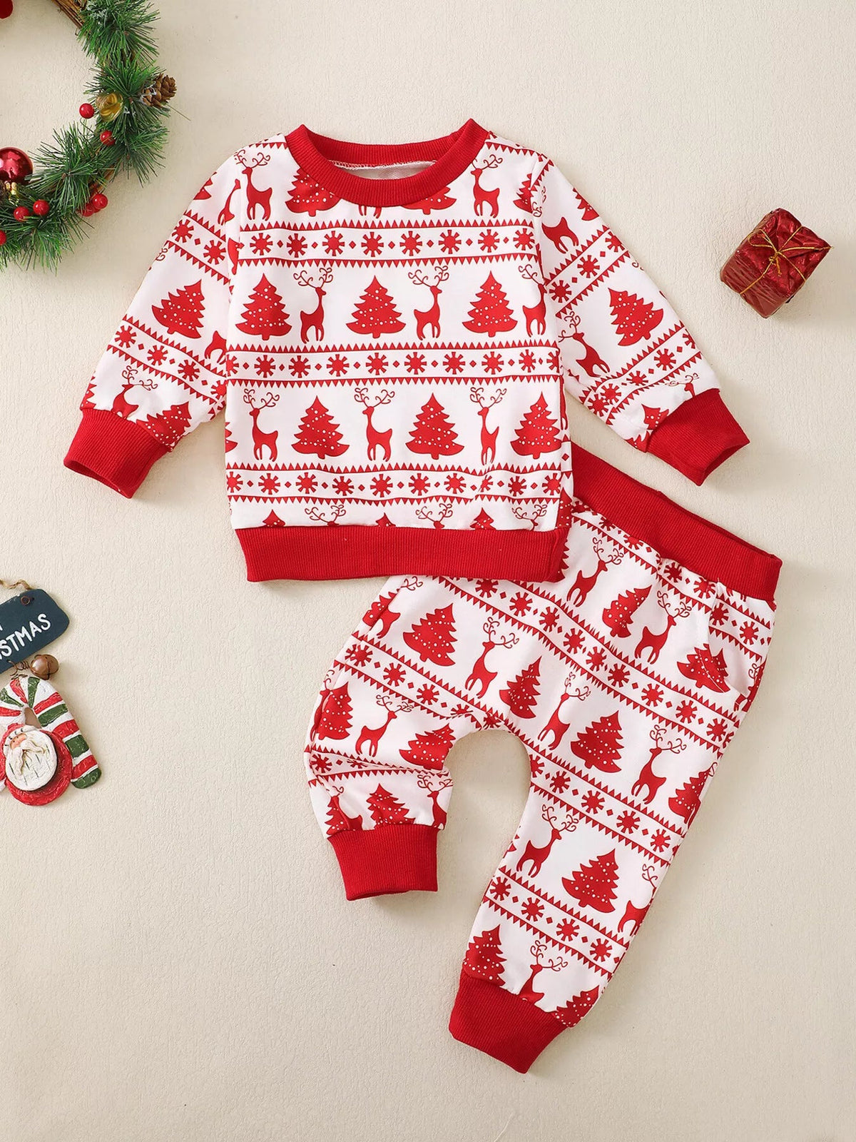 Children's Christmas Reindeer & Tree Print Top and Pants Set 