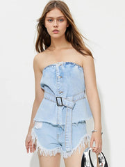 Buttoned Raw Hem Tube Denim Top 