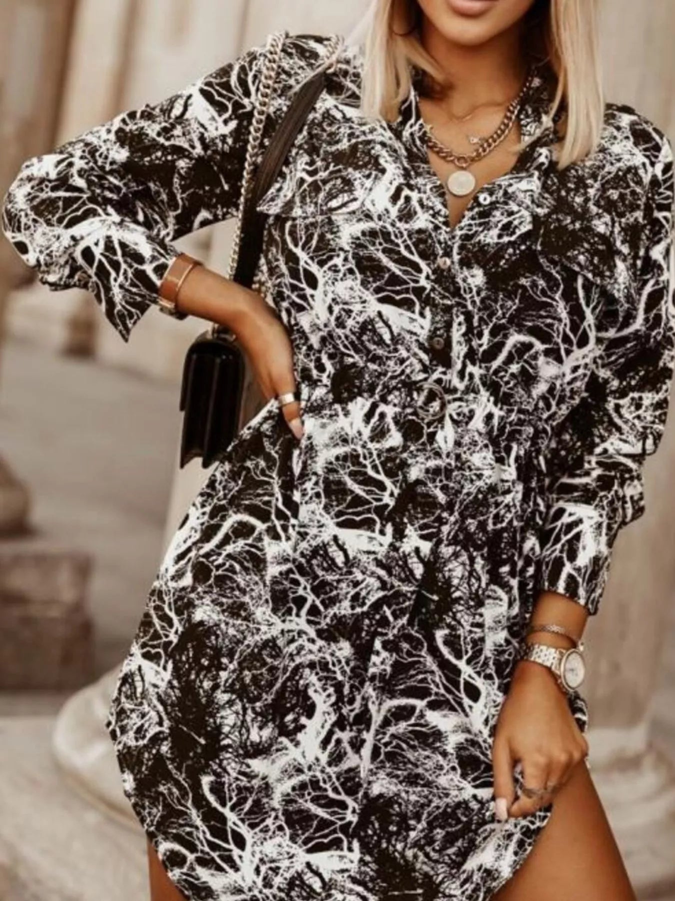 Printed Button Front Long Sleeve Dress 