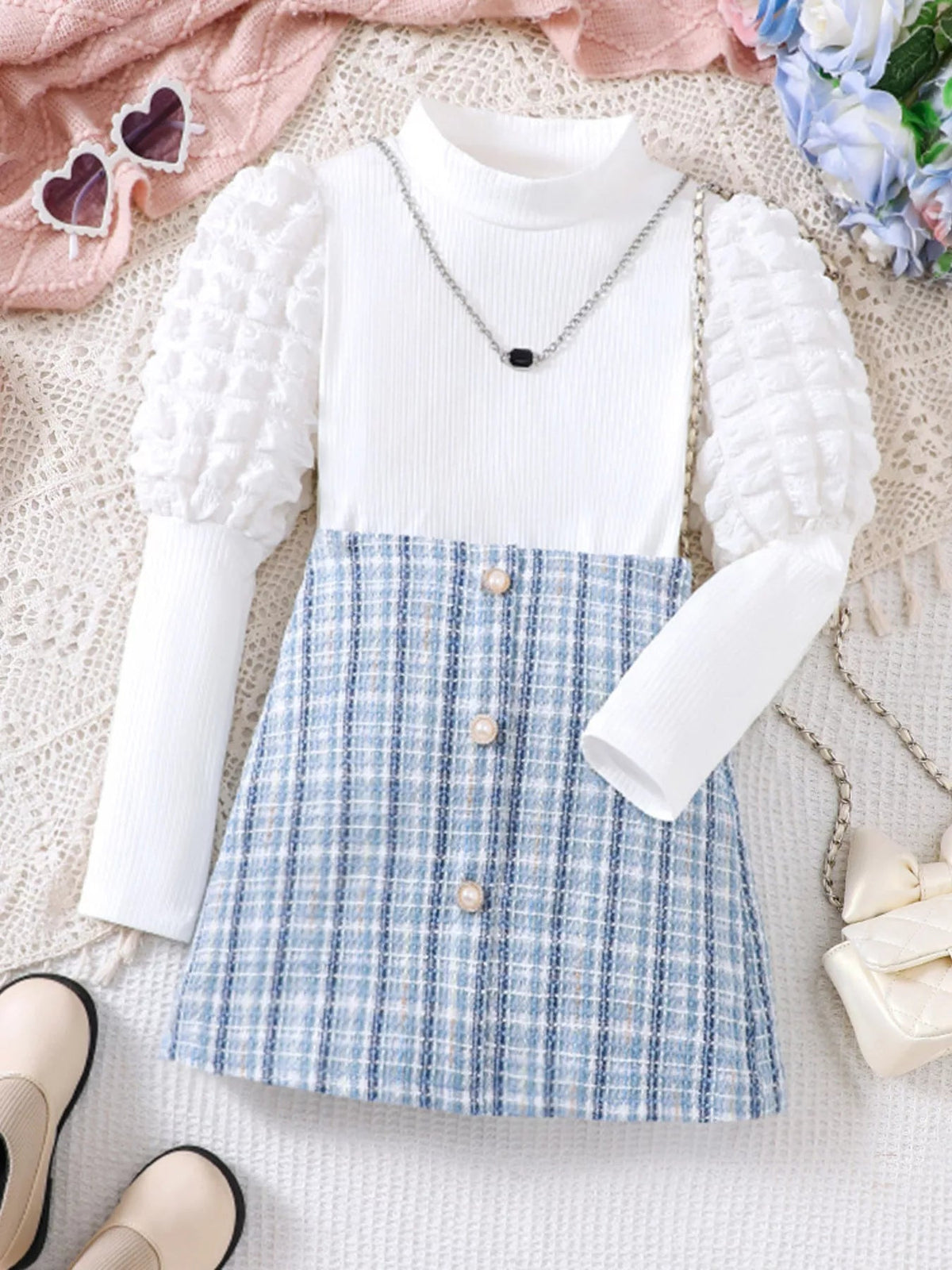 Children's Puff Sleeves Top and Plaid Skirt Set 