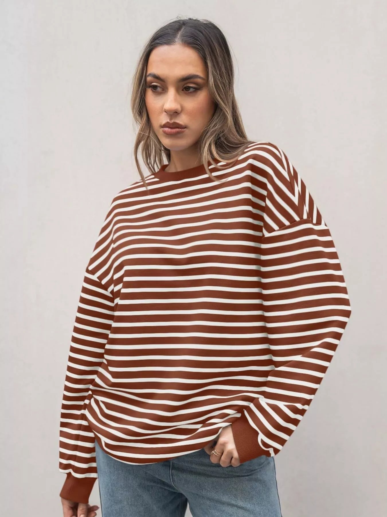 Striped Round Neck Oversized Casual Sweatshirt 