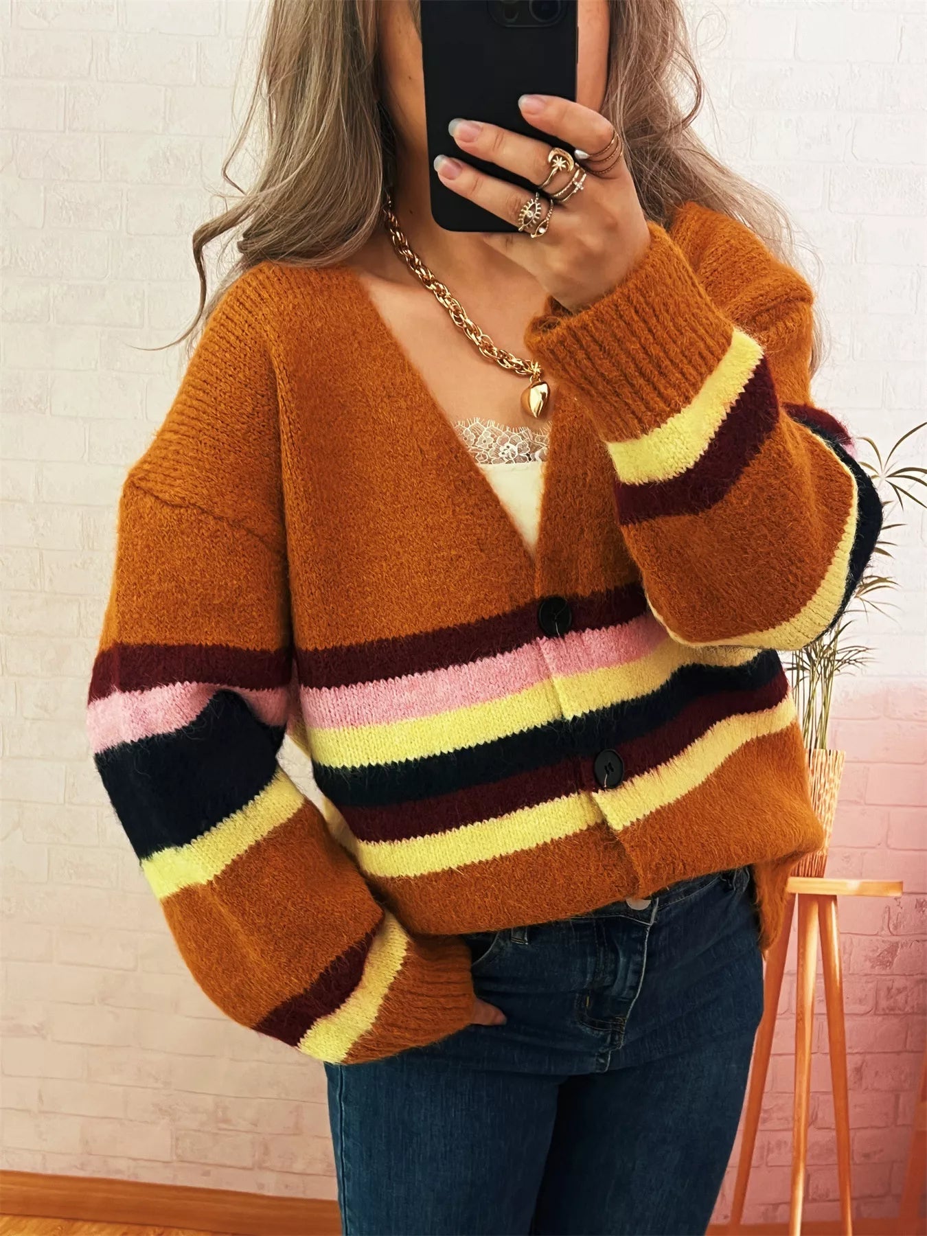 Ribbed Striped Button Down Cardigan 