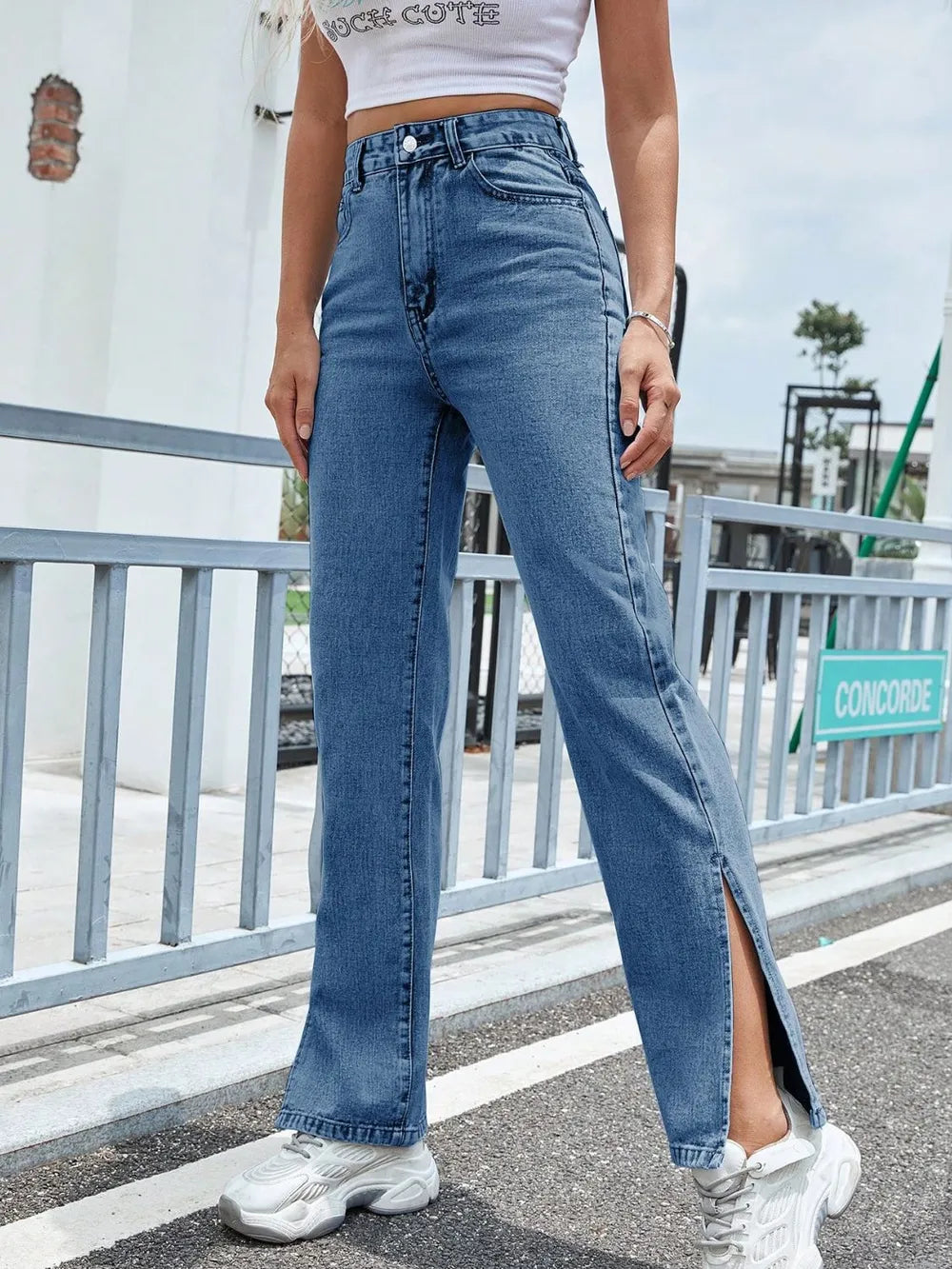 Slit High Waist Jeans with Pockets 