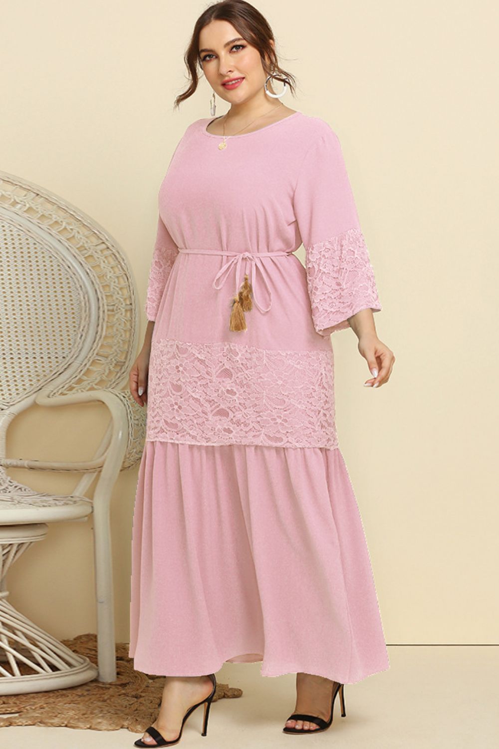 Plus Size Spliced Lace Tassel Belted Dress 
