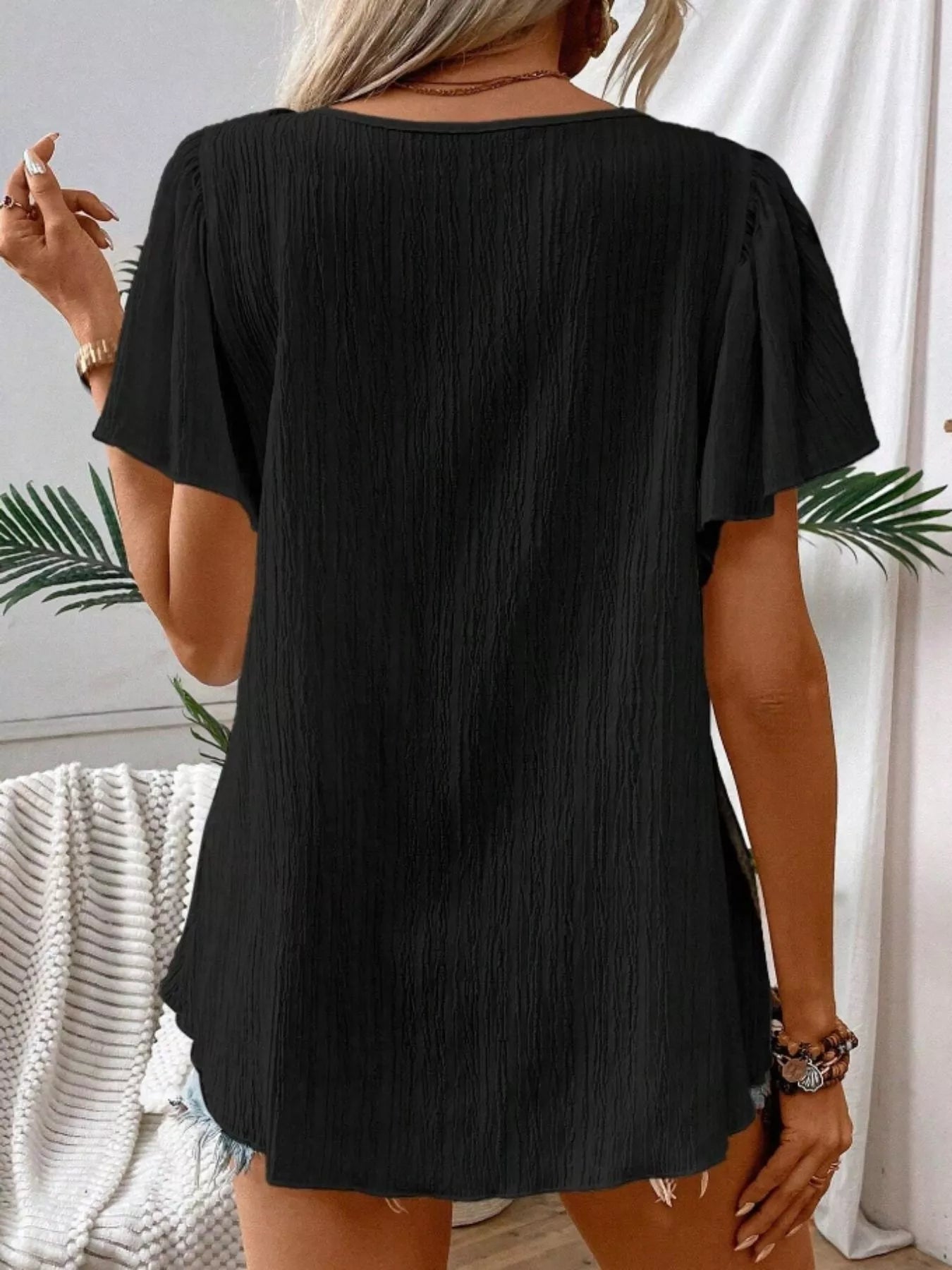 Embroidered Square Neck Flutter Sleeve Blouse 