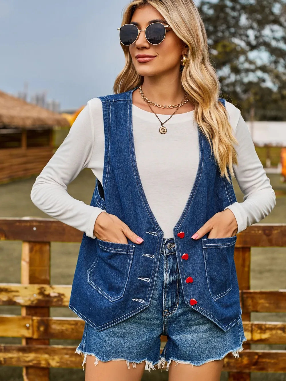 Pocketed Button Up Sleeveless Denim Jacket 