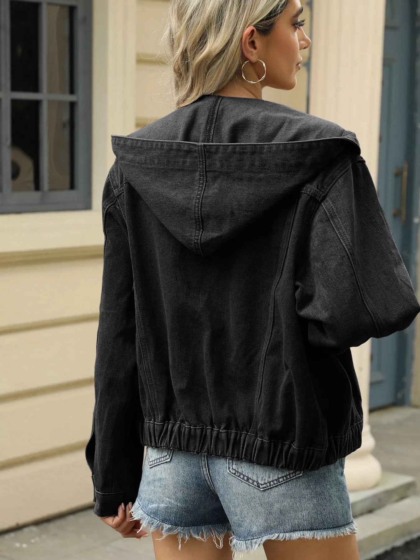 Washed Button Up Hooded Denim Jacket 