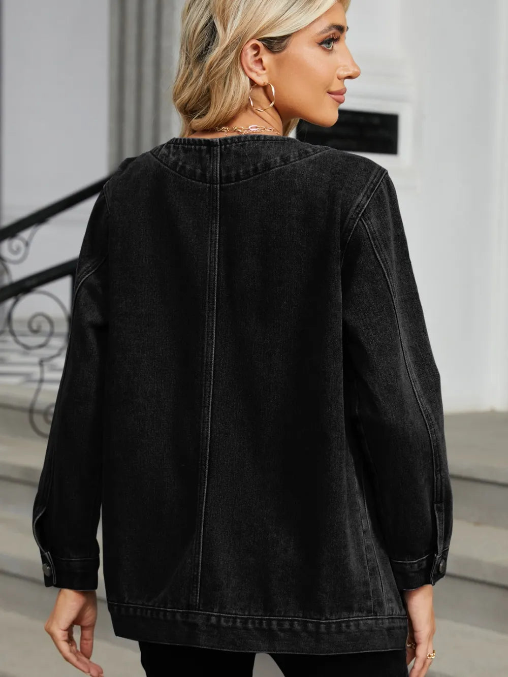 Pocketed V-Neck Button Up Denim Jacket 