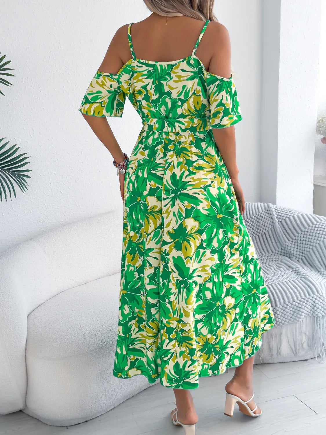 Printed Cold Shoulder Midi Cami Dress 