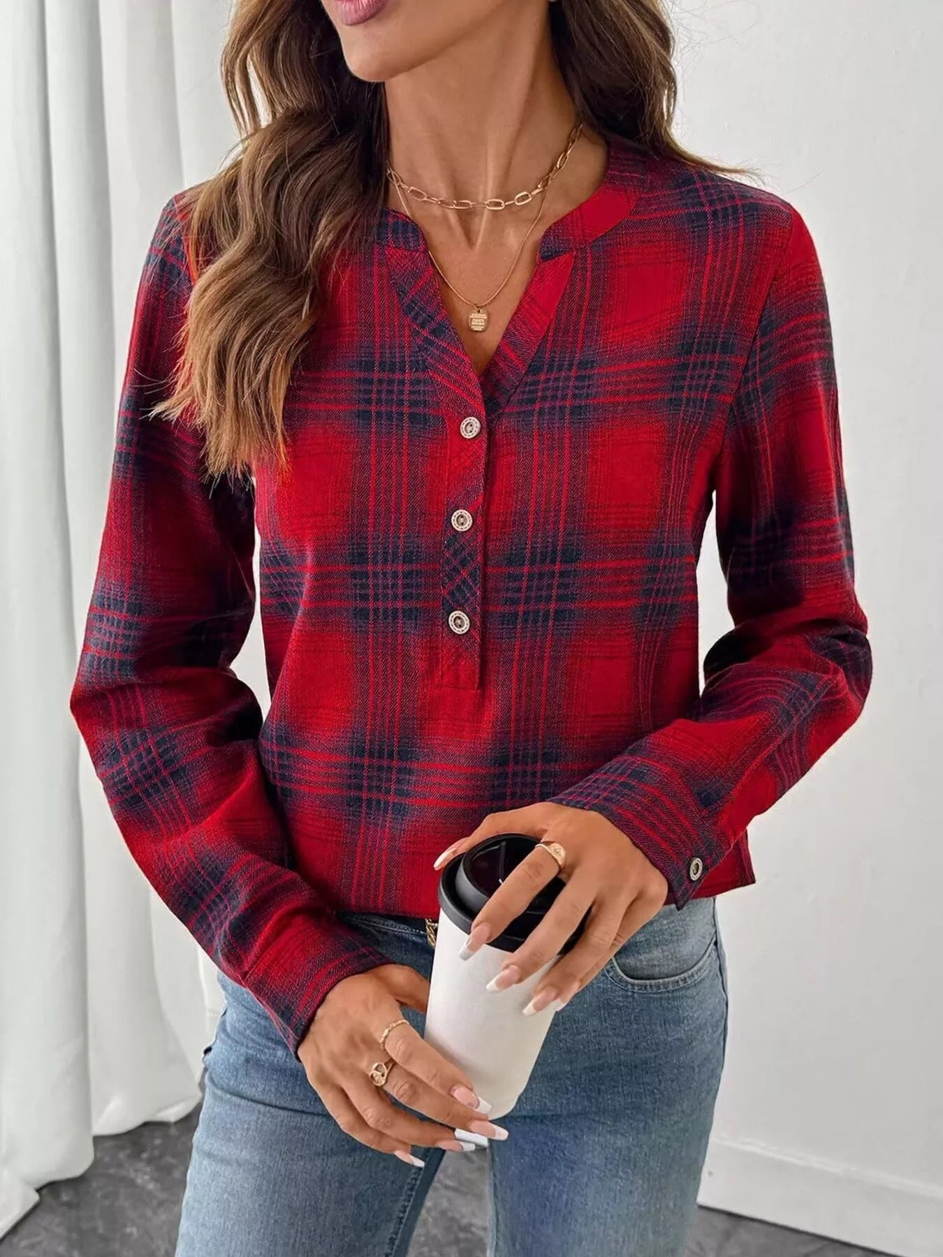 Plaid Half Button Long Sleeve Blouse 