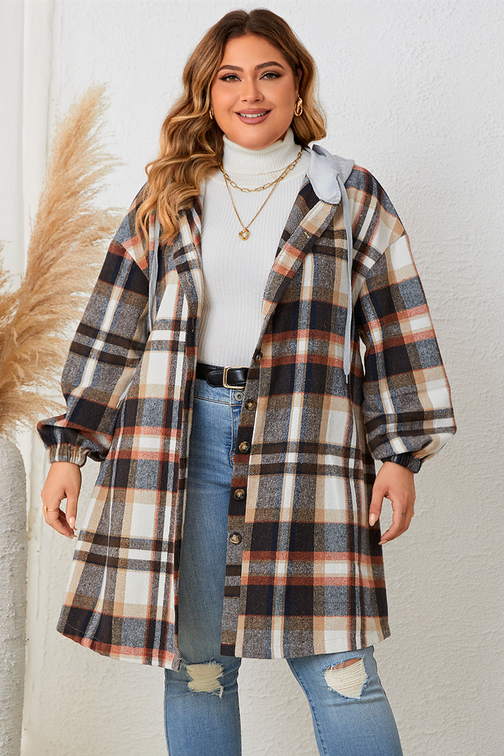 Honey Plus Size Plaid Drop Shoulder Hooded Coat 