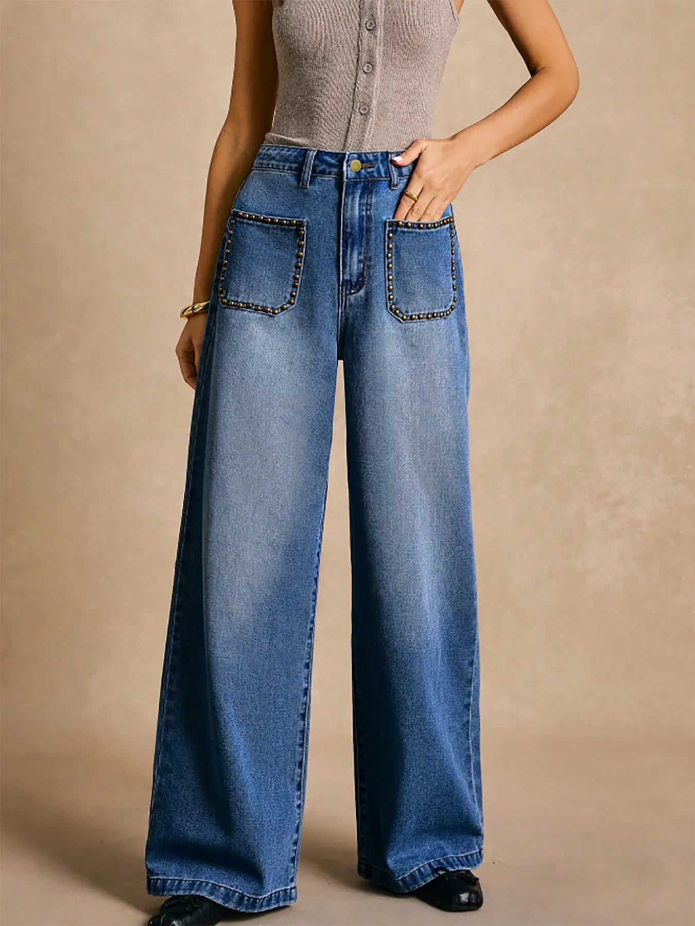 High-Waisted Wide-Leg Pocket Jeans 