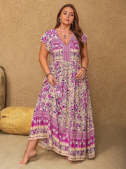 Plus Size Printed V-Neck Cap Sleeve Maxi Dress 