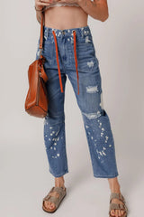 Distressed Splattering Paint Rope Waist Cropped Straight Jeans 