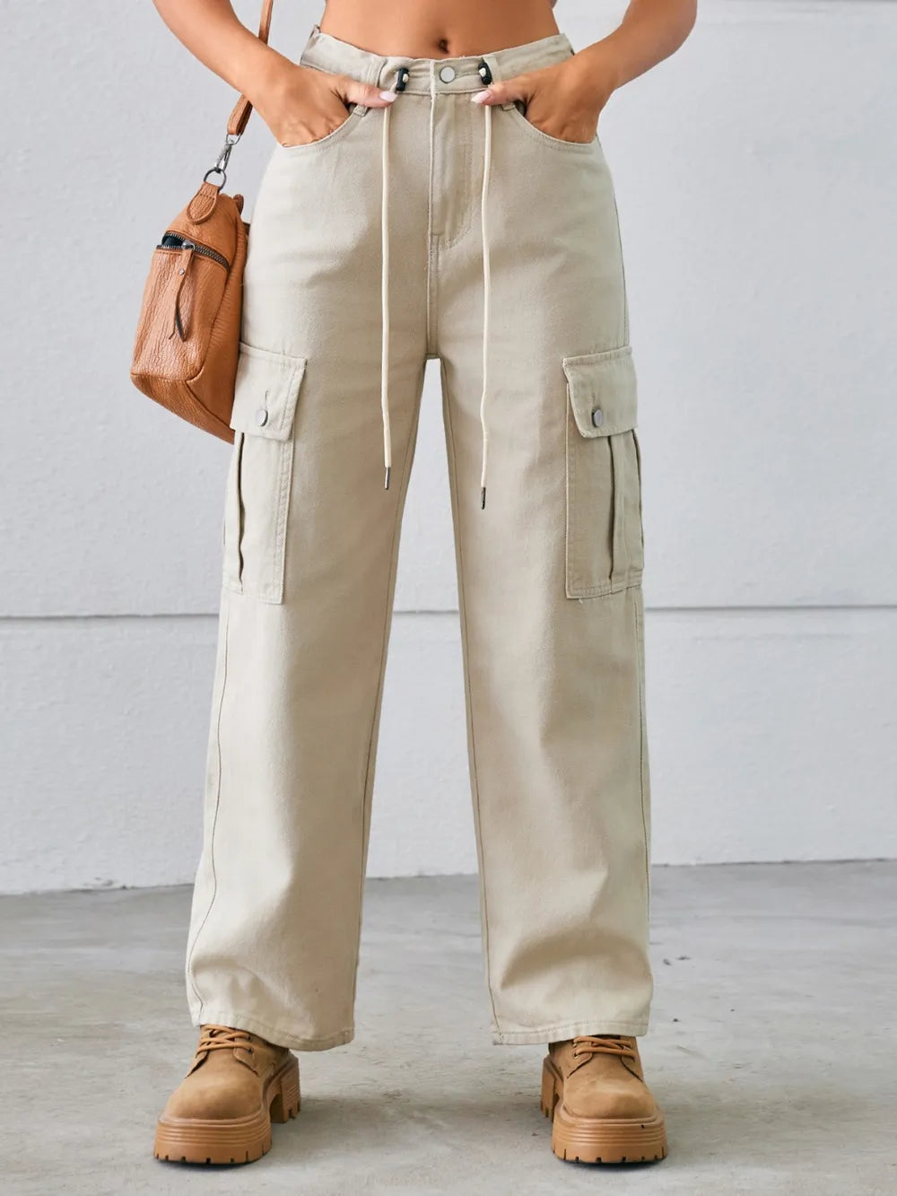 Drawstring Mid-Rise Waist Straight Cargo Jeans 