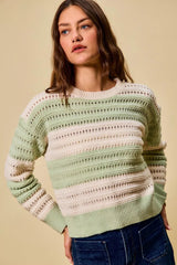 SO ME Openwork Round Neck Wide Stripe Textured Sweater 