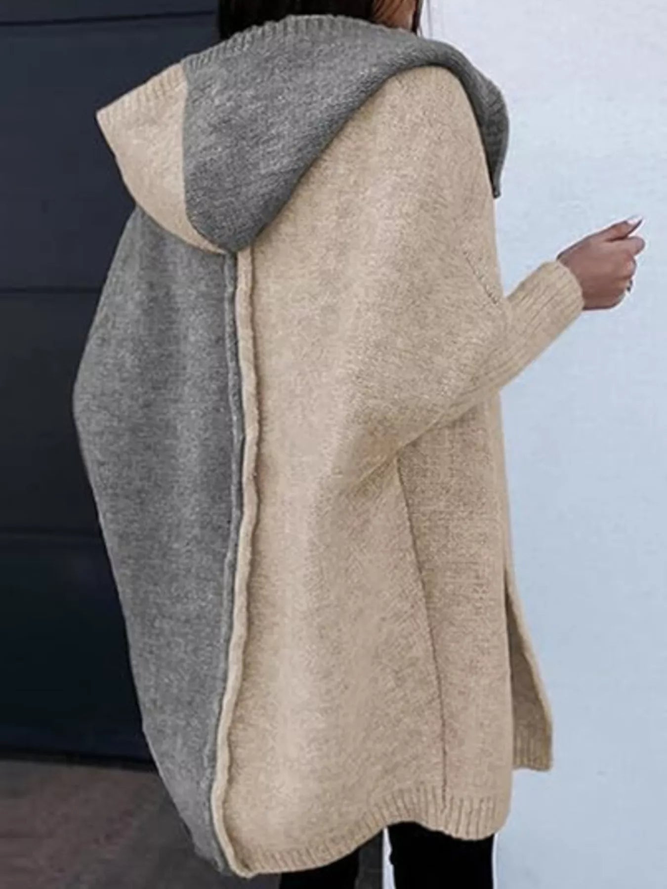 Two-Tone Open Front Knit Hooded Cardigan 