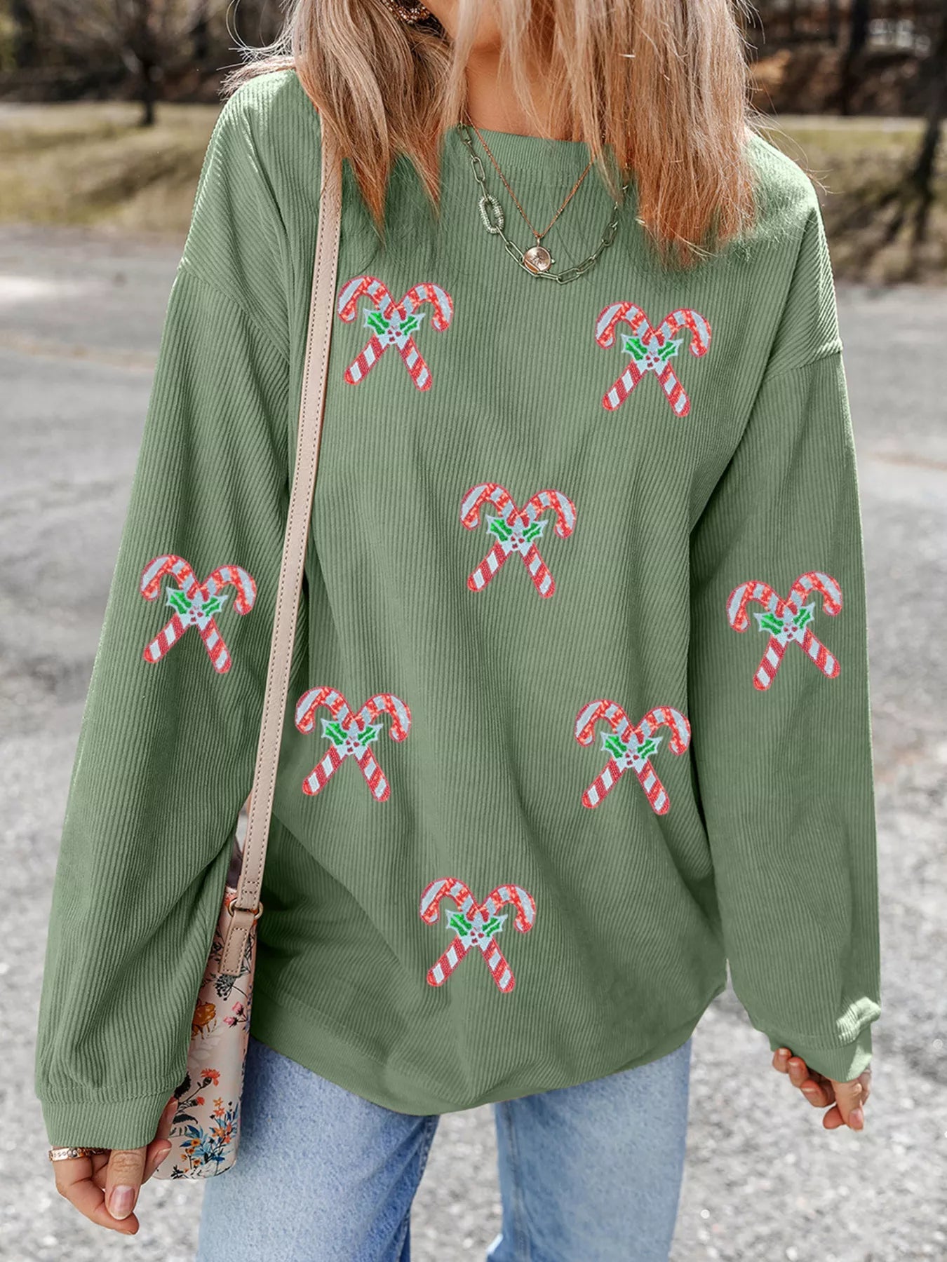 Candy Cane Shimmer Patched Corded Baggy Sweatshirt 