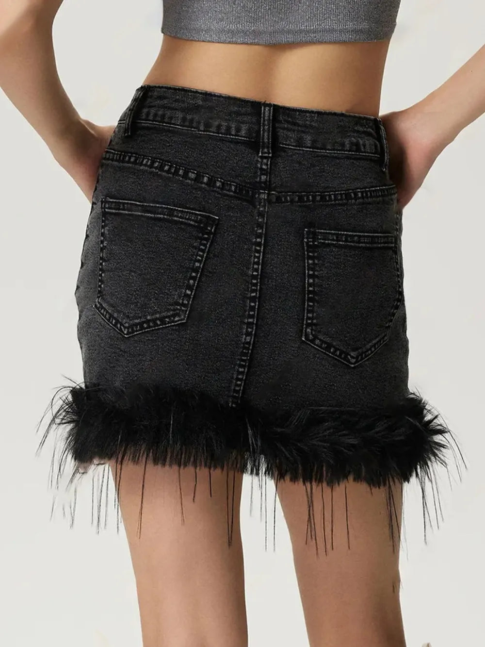 Plush Hem Mini Denim Skirt 