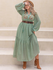 Plus Size Tassel Printed Tie Neck Long Sleeve Midi Dress 