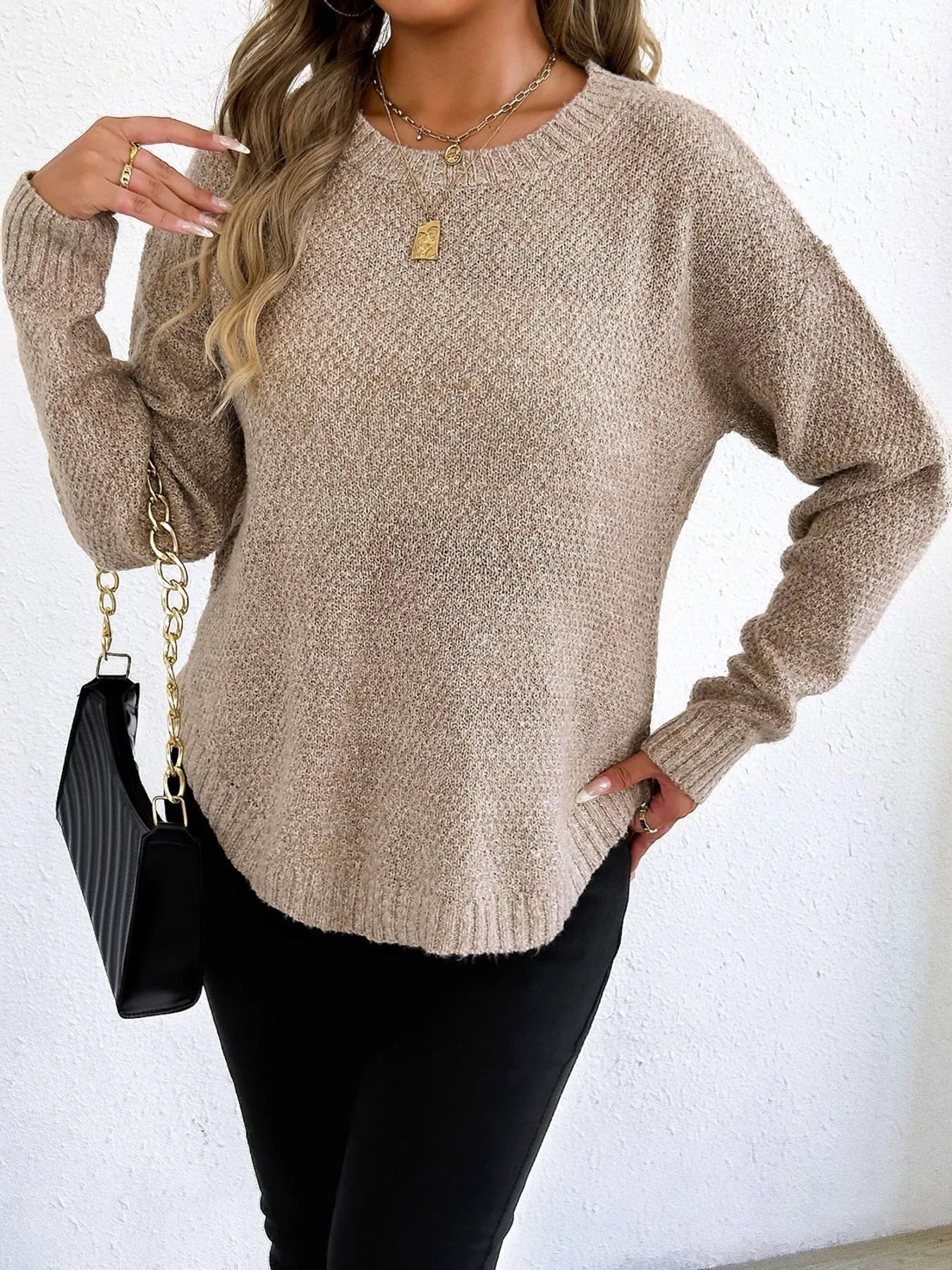 Textured Knit Relaxed Fit Round Neck Sweater 